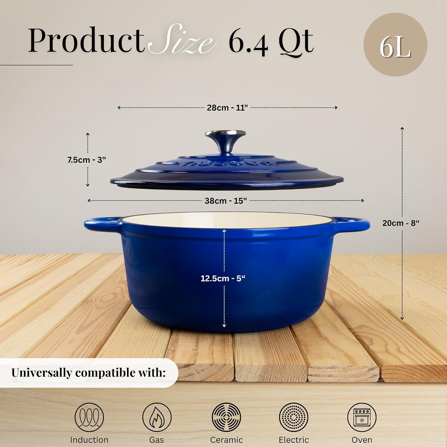 Nuovva Enamelled Cast Iron Dutch Oven Pot with Lid-6.4 Quart Non Stick Casserole Pot-Heavy Duty & Oven Safe up to 500° F for Bread Baking, Braising, Stews, Roasting - 28cm Dark Blue - Image 3
