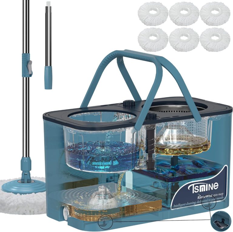 RinseWise Large Gen 1 Mop Bucket Set, Clean/Dirty Water Separation, Blue | 2 Gal Clean-Water Capacity, 4 Rolling Wheels, 61-Inch Handle, 6 Reusable Heads, For Pet Homes,Hardwood,Laminate & Tile Floors