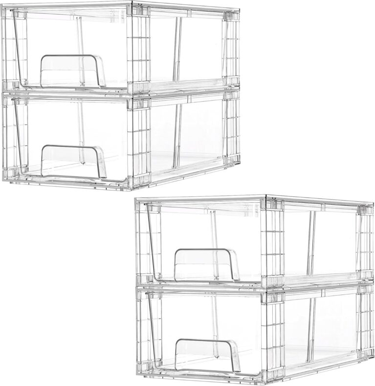 Vtopmart 4 Pack Stackable Storage Drawers,Clear Acrylic Drawer Organizers with Handles, Easily Assemble for Fridge, Bathroom,Kitchen Undersink,Cabinet,Pantry Organization and Storage | Clear Drawer Organizers with Removable Dividers for Flexible storage. Stackable, Non-slip, for Fridge, Under Sink & Bthroom.