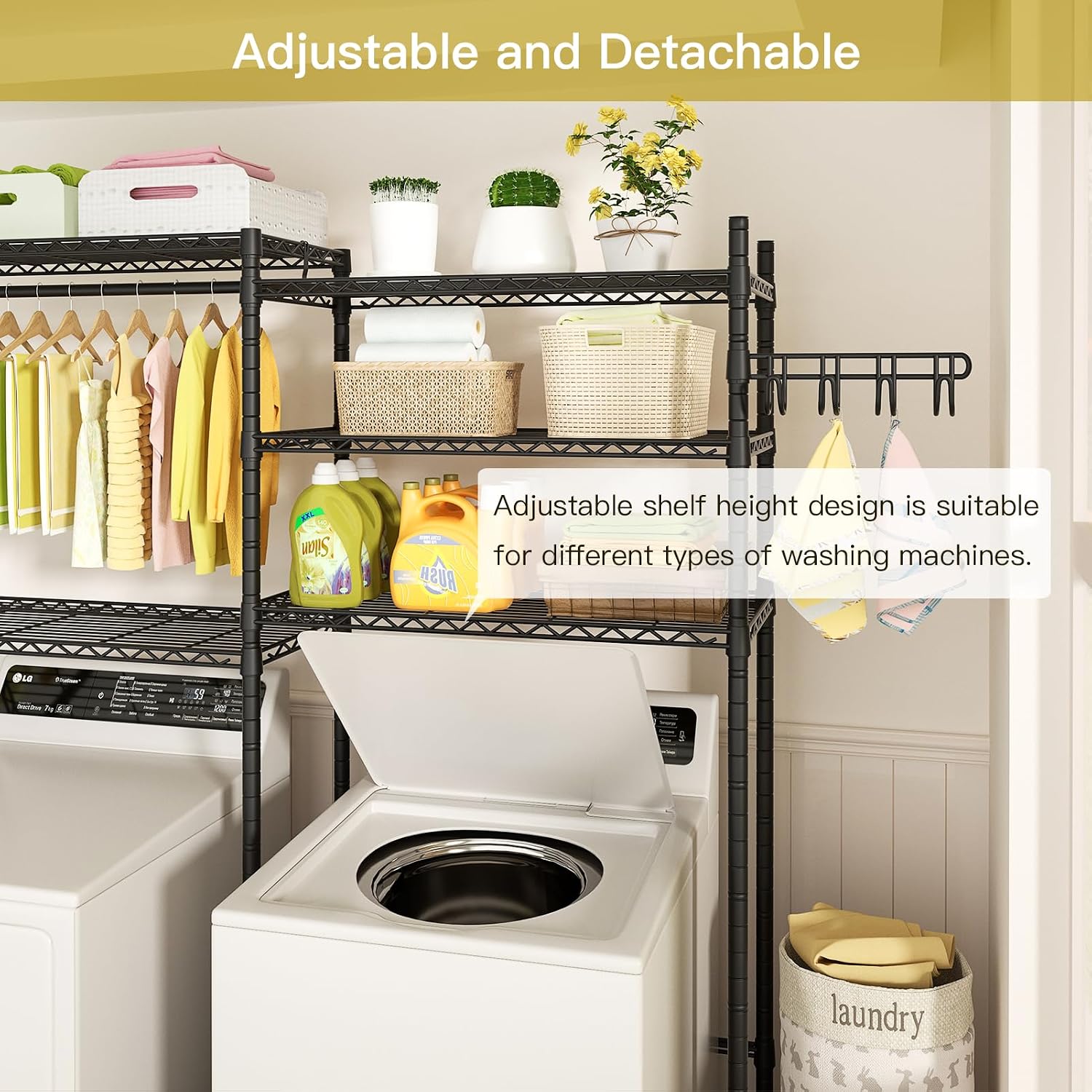U5 Over the Washer and Dryer Storage Shelf, Laundry Room Space Saver Bathroom Storage and Organizer Rack for Hanging Towels and Drying Clothes with 5 Wire Shelves, 58.2"W x 13.4"D x 77.5"H, Black | Bathroom Storage and Organizer Rack for Hanging Towel and Drying Clothes with 5 Wire Shelves, 58.2"W x 13.4"D x 77.5"H, Black - Image 5