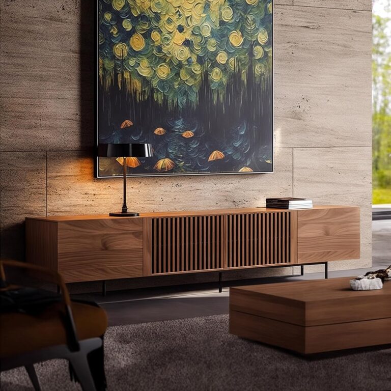 Mid Century Modern TV Stand with 4 Doors, 94.48 Inch Wide Entertainment Center TV Console for Living Room Bedroom, Media Console TV Cabinet with Storage Walnut