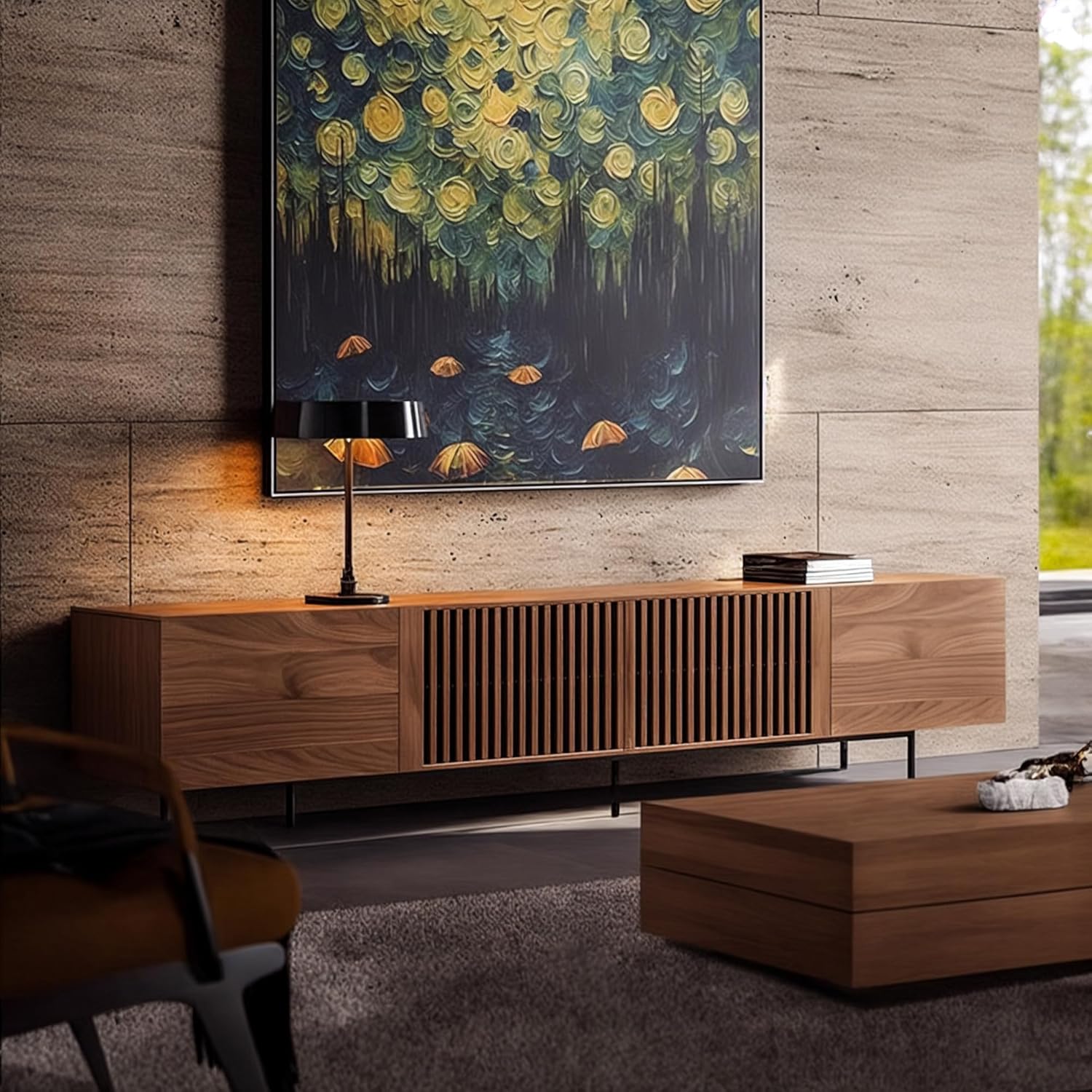 Mid Century Modern TV Stand with 4 Doors, 94.48 Inch Wide Entertainment Center TV Console for Living Room Bedroom, Media Console TV Cabinet with Storage Walnut