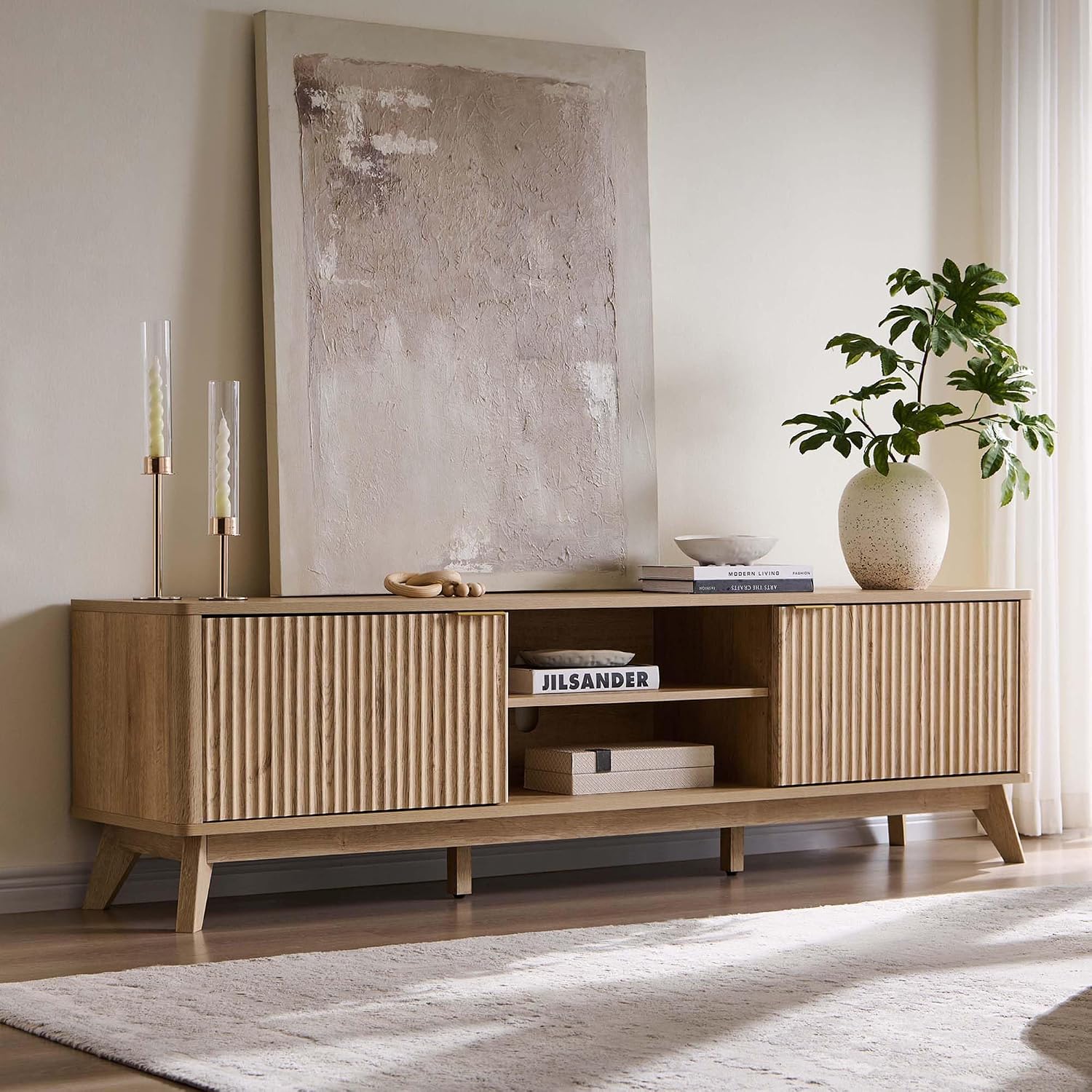 OKD 70" Mid Century Modern Fluted TV Stand w/ 2 Soft Close Door,Natural Oak | Entertainment Center, Sideboard, Media console for Living Room with Adjustable Shelves