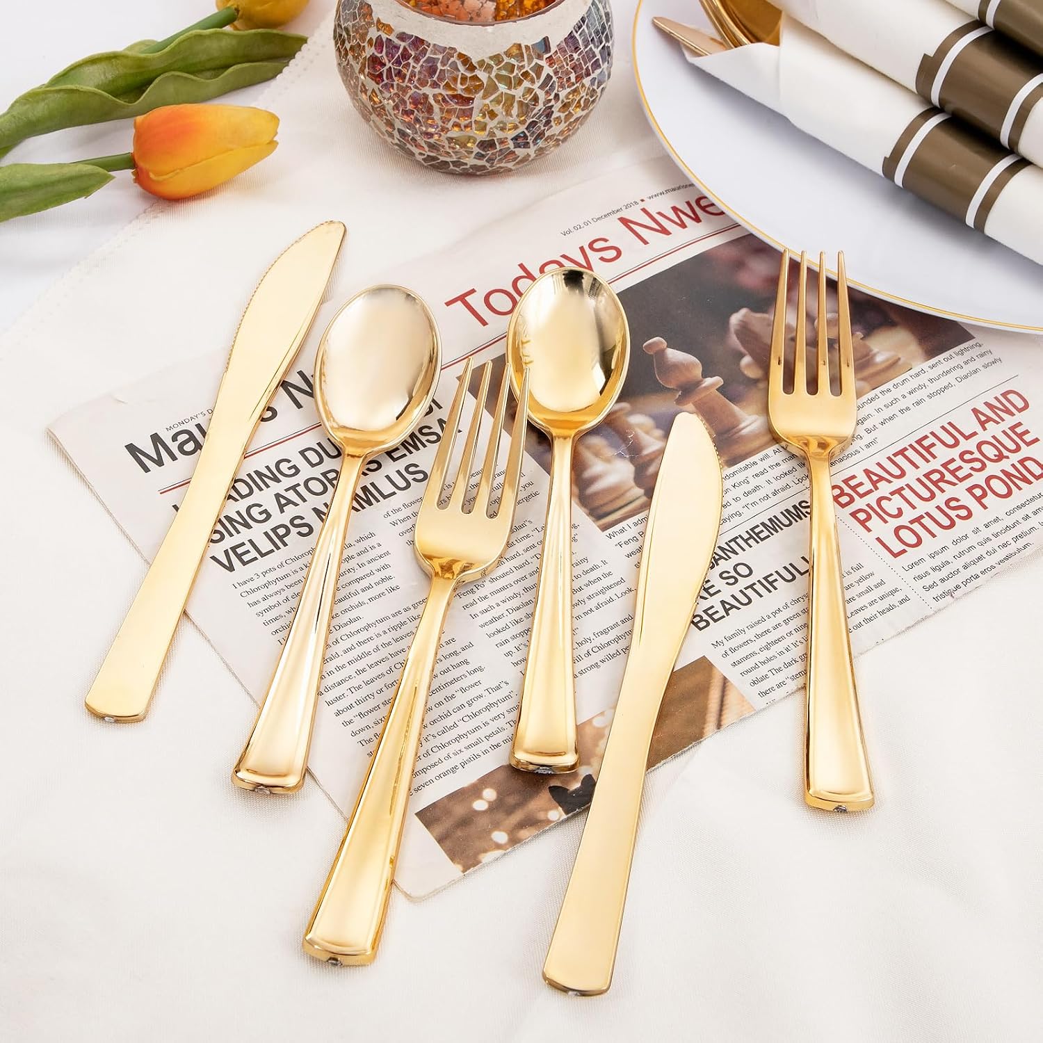 120 Pack Gold Plastic Silverware Wrapped Cutlery Set with Napkin | Heavy Duty Pre Rolled Disposable Gold Utensils Wrapped Flatware Cutlery Set for Wedding, Party & Catering - Image 4