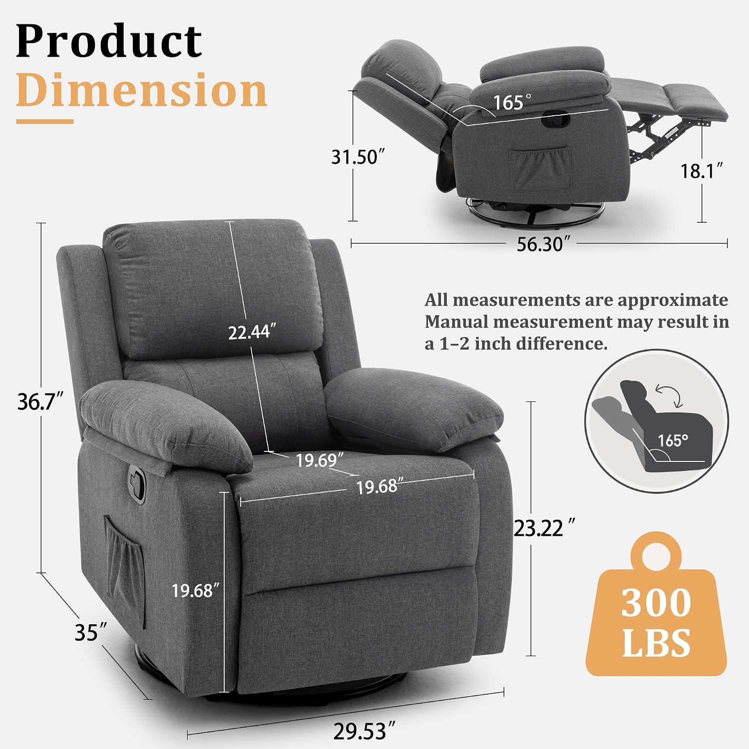 Korser Recliner Chair, 360 Swivel Rocker Chair for Adults, Small Rocking Recliner for Small Spaces, Upholstered Fabric Glider Recliner Nursery - Image 2
