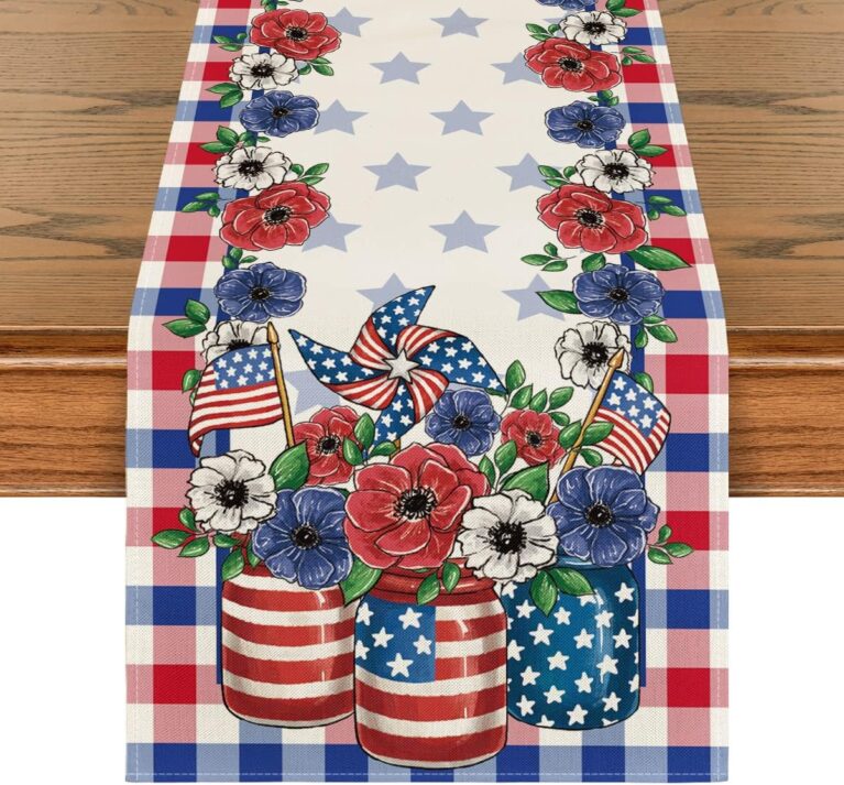 Artoid Mode Buffalo Plaid Vases Flowers Patriotic Memorial Day 4th of July Table Runner, Independence Day Holiday Kitchen Dining Table Decor for Home Party Decoration 13 x 72 Inch
