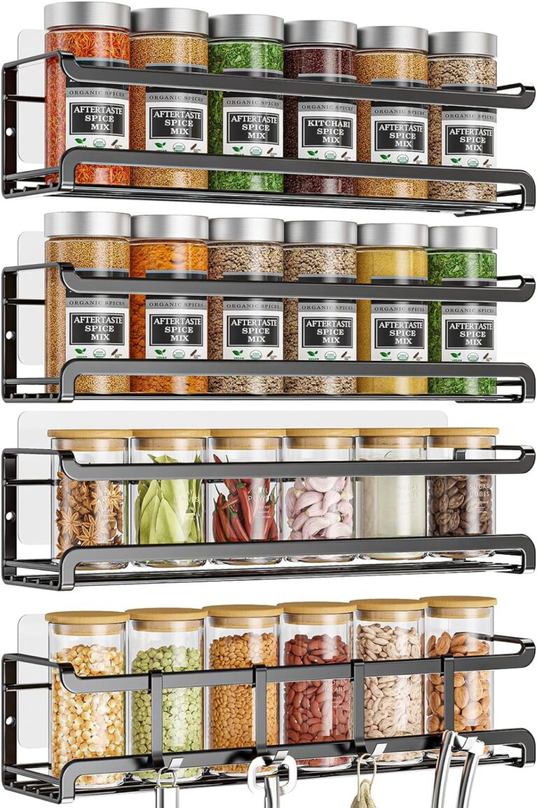 Bunoxea Spice Rack Wall Mounted 4 Pack, For Spice Jars & Seasonings,Black | 4 Removalble Hooks,Screw or Adhesive Hanging, Space-Saving,For Kitchen Cabinet, Pantry Door,Stove,RV Use,11.41x2.75x2.75in