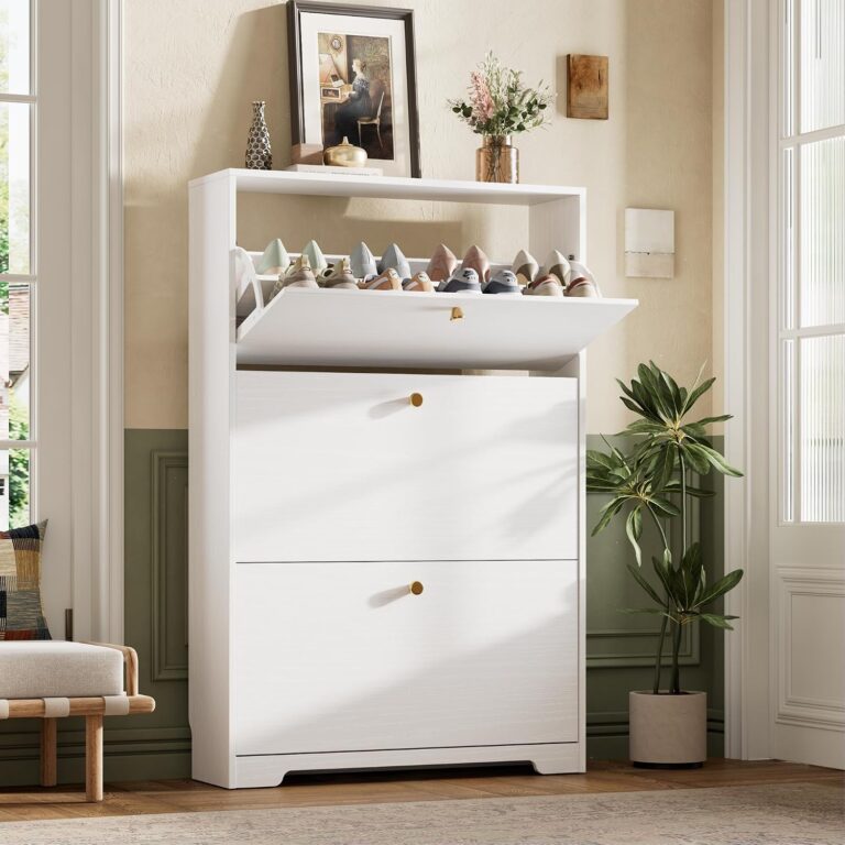 Shoe Cabinet with 3 Flip Drawers, Narrow Shoe Organizer Cabinet, Freestanding Shoe Rack Cabinet, Modern Shoe Storage Cabinet for Entryway, Hallway, Foyer, White