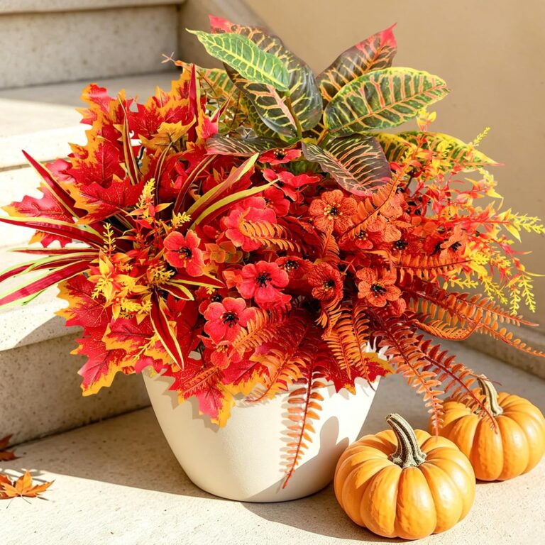 Artificial Fall Flowers for Outdoors Fake Plants Fall Decor, Faux Plants UV Resistant Stems Fake Leaves Bushes Outside, Artificial Mums for Outdoors Planters Porch Window Garden Autumn Home Decor