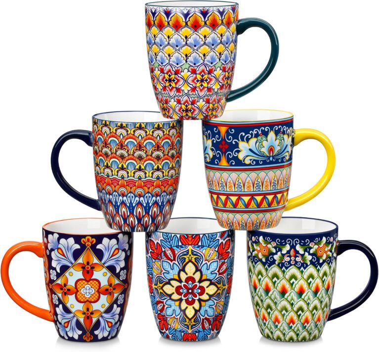 vancasso SIMI 16 oz Large Coffee Mugs Set of 6, Ceramic Cups with Handle | Bohemian Mug, Ideal for Coffee, Latte, Tea, Cappuccino and Hot Chocolate, Dishwasher Microwave Safe for Daily Use Gift Set