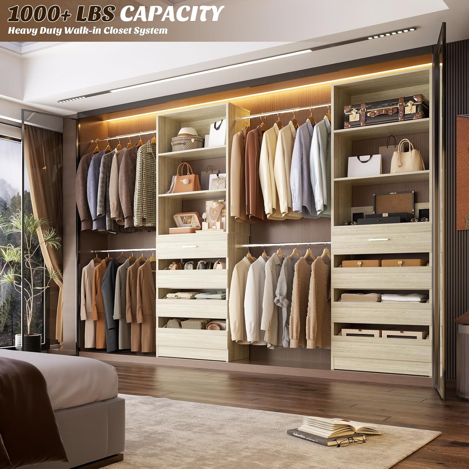 Aheaplus Closet System, 4-9Ft Closet Organizer with 4 Wooden Drawers, Wood Closet Organizer System with Tower, Walk-in Closet Organizer Wardrobe Garment Clothes Rack with 4 Hanging Rods, 2White Oak - Image 2