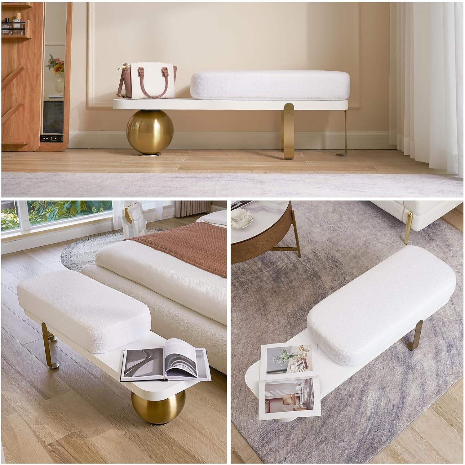 homary 47.2" Modern Entryway Bench, Wooden Boucle Upholstered Bench with Abstract Metal Legs, Lambswool Cushioned Seating for Entryway, Bedroom or Living Room - Image 7