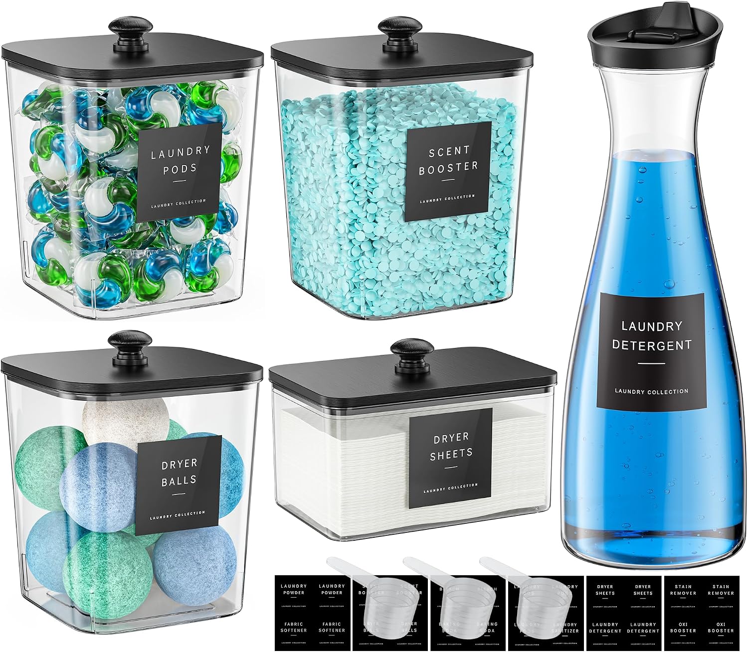 3+1+1 Pack Laundry Pods Container & Dryer Sheet Holder with Lid | 54OZ Soap Detergent Dispenser, Black Laundry Room Organization and Storage