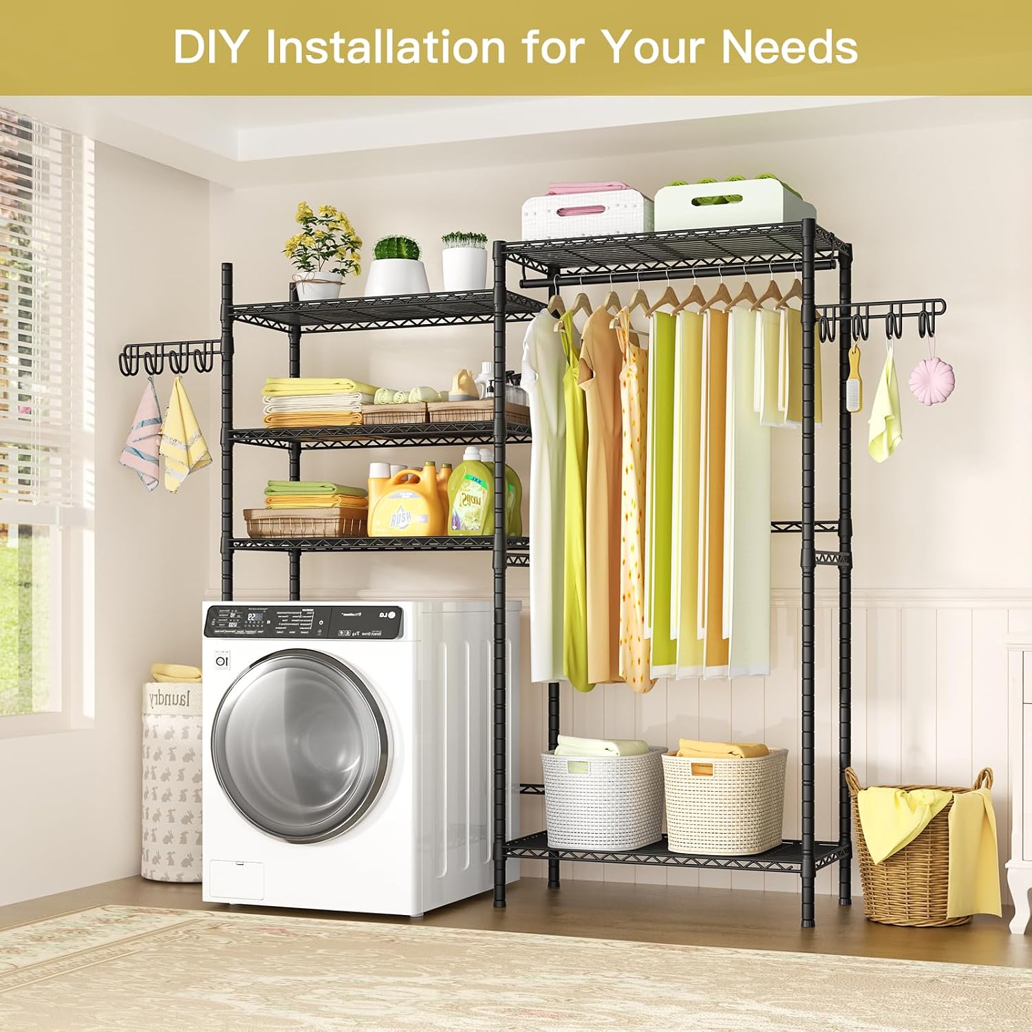 U5 Over the Washer and Dryer Storage Shelf, Laundry Room Space Saver Bathroom Storage and Organizer Rack for Hanging Towels and Drying Clothes with 5 Wire Shelves, 58.2"W x 13.4"D x 77.5"H, Black | Bathroom Storage and Organizer Rack for Hanging Towel and Drying Clothes with 5 Wire Shelves, 58.2"W x 13.4"D x 77.5"H, Black - Image 4