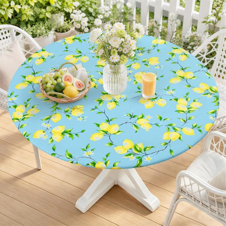 Smiry Round Picnic Tablecloth, Waterproof Elastic Fitted Table Covers for 45" - 56" Tables, Wipeable Flannel Backed Vinyl Tablecloths for Camping, Indoor, Outdoor, Blue & Yellow