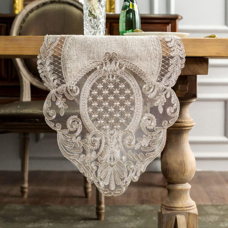 ARTABLE Macrame Lace Table Runner Vintage Floral Embroidery 16 x 48 Inch | Cotton linen table runners with macrame lace embroidery for dining tables coffee tables weddings parties and home decor