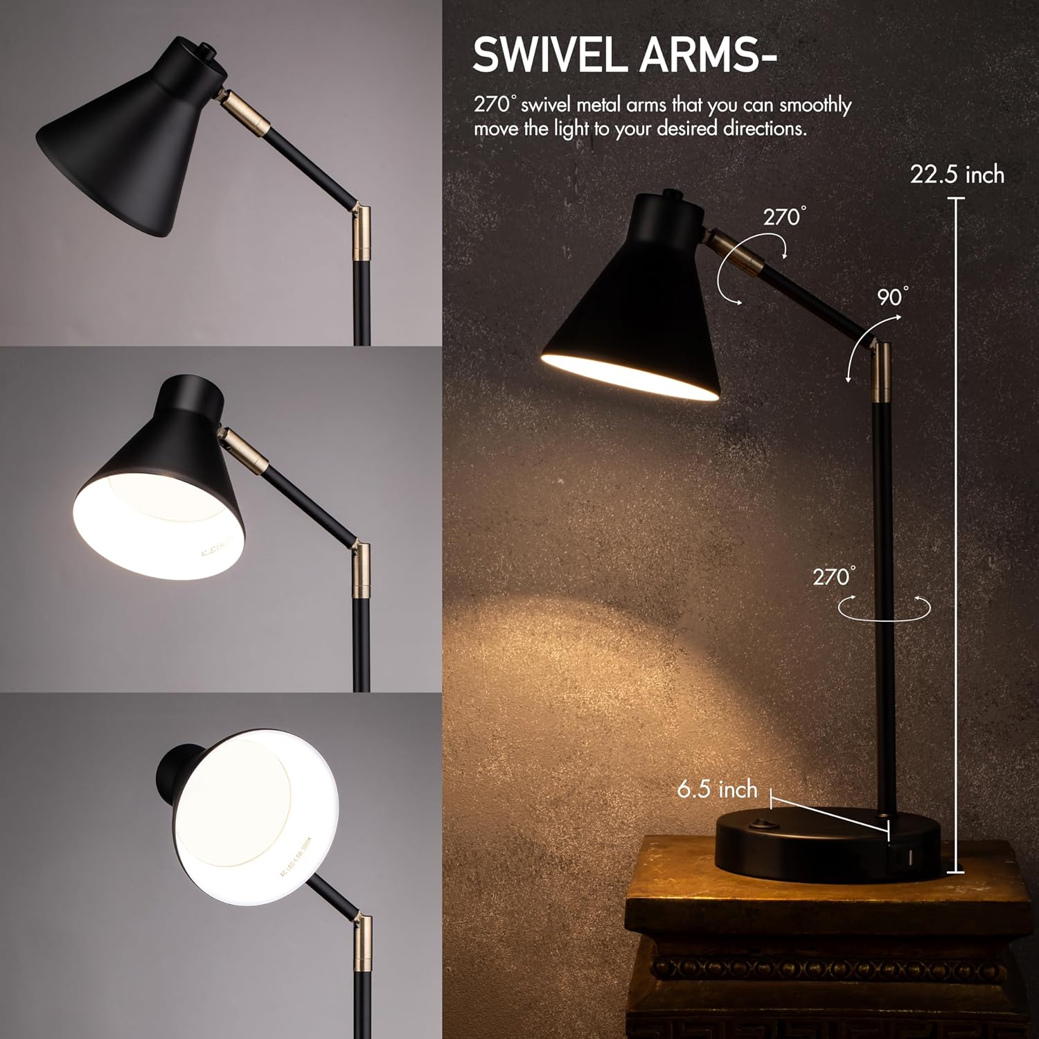O'Bright Astrum - LED Desk Lamp with Dual USB Charging Ports, 100% Metal, 270 Degree Swivel Arms, Soft White Light (3000K), Bedside & Home Office Table Lamp, ETL Listed, Black - Image 2