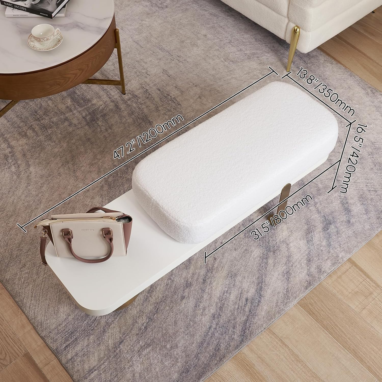 homary 47.2" Modern Entryway Bench, Wooden Boucle Upholstered Bench with Abstract Metal Legs, Lambswool Cushioned Seating for Entryway, Bedroom or Living Room - Image 2