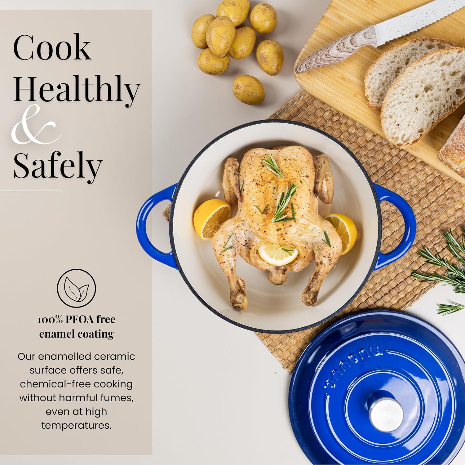 Nuovva Enamelled Cast Iron Dutch Oven Pot with Lid-6.4 Quart Non Stick Casserole Pot-Heavy Duty & Oven Safe up to 500° F for Bread Baking, Braising, Stews, Roasting - 28cm Dark Blue - Image 5