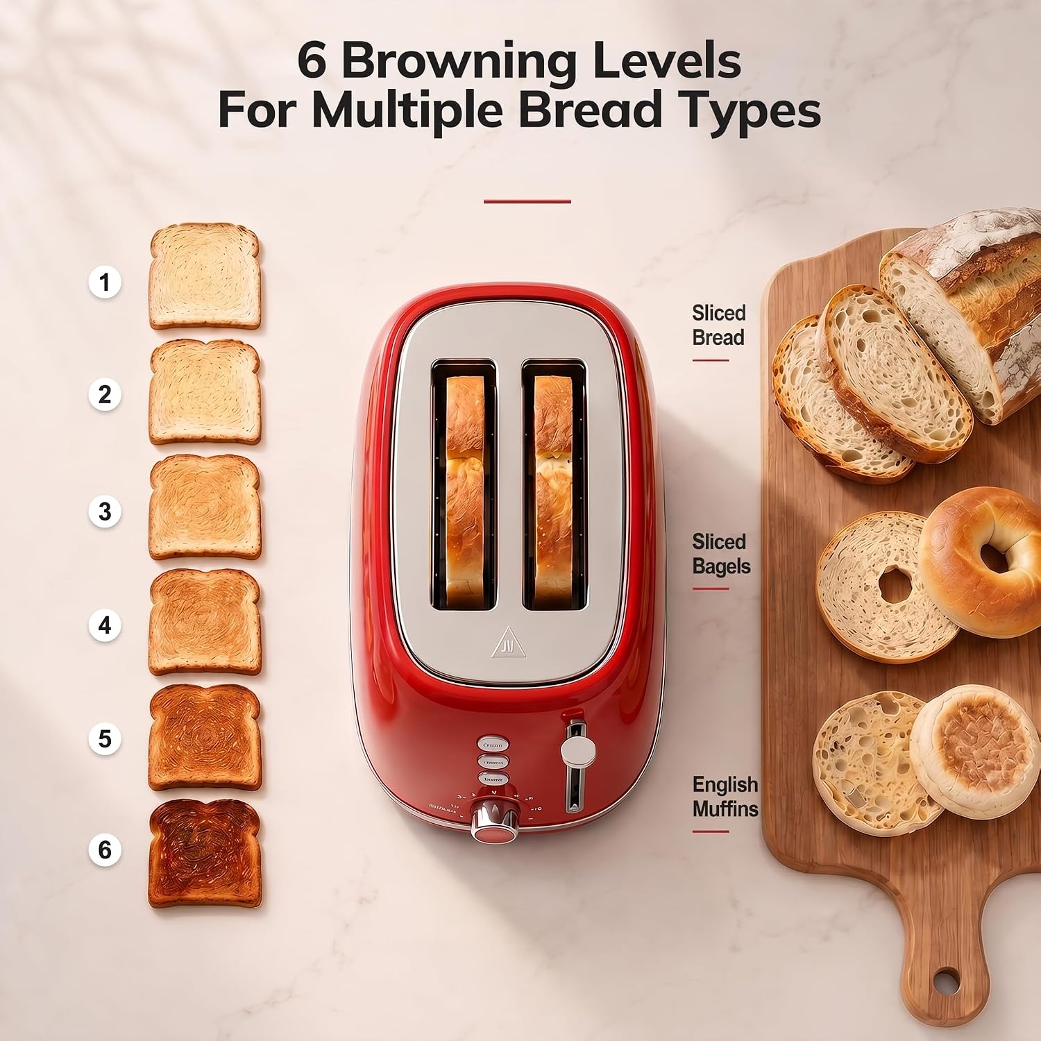 2 Slice Stainless Steel Toaster Retro with 6 Bread Shade Settings, Bagel, Cancel, Defrost Function, Extra Wide Slot, Removable Crumb Tray, Red - Image 5