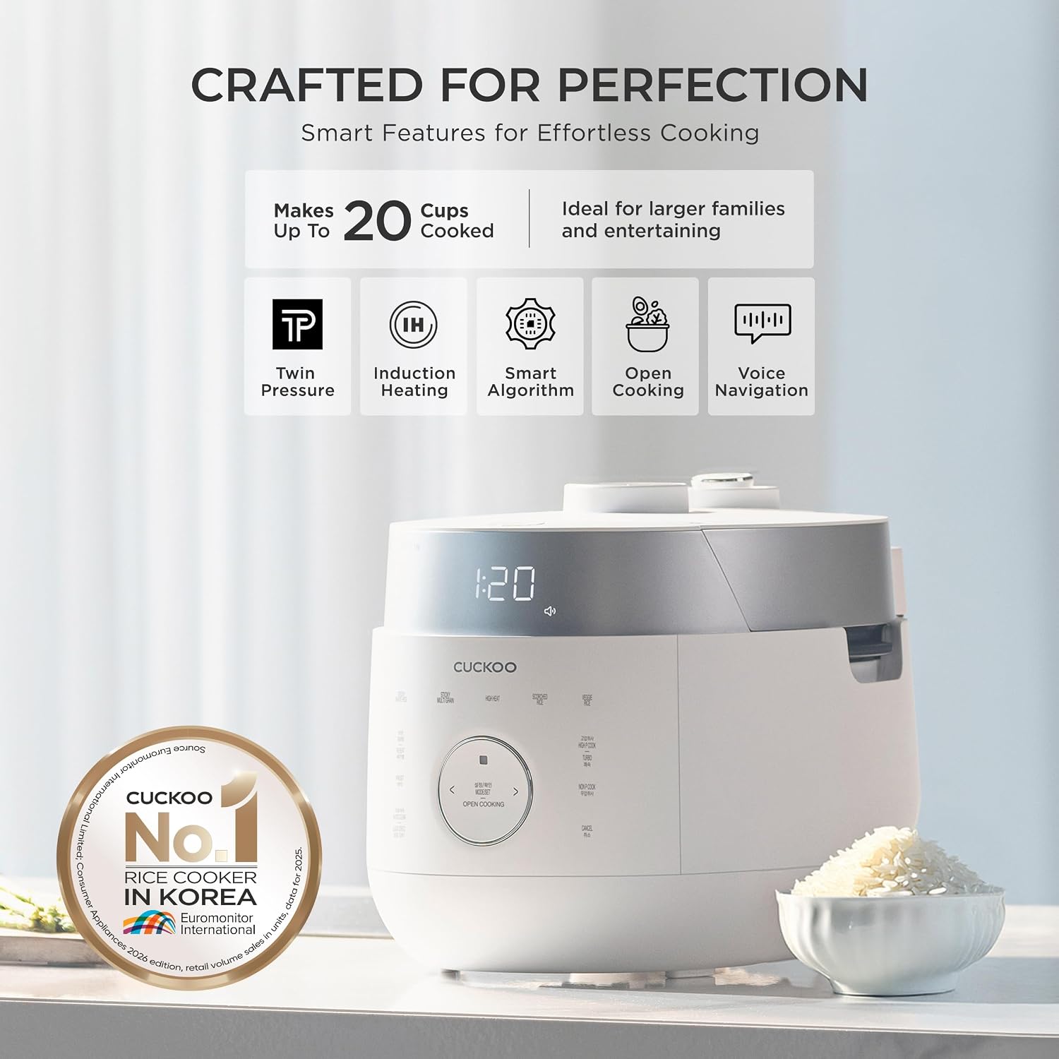 CUCKOO Twin Pressure Induction Rice Cooker, 20-Cup Cooked, CRP-LHTR1009FW | Large 10-Cup Uncooked Capacity, Nonstick Inner Pot, 21 Menus, 12-21 Minute Turbo White Rice, Auto Clean, Made in Korea - Image 2