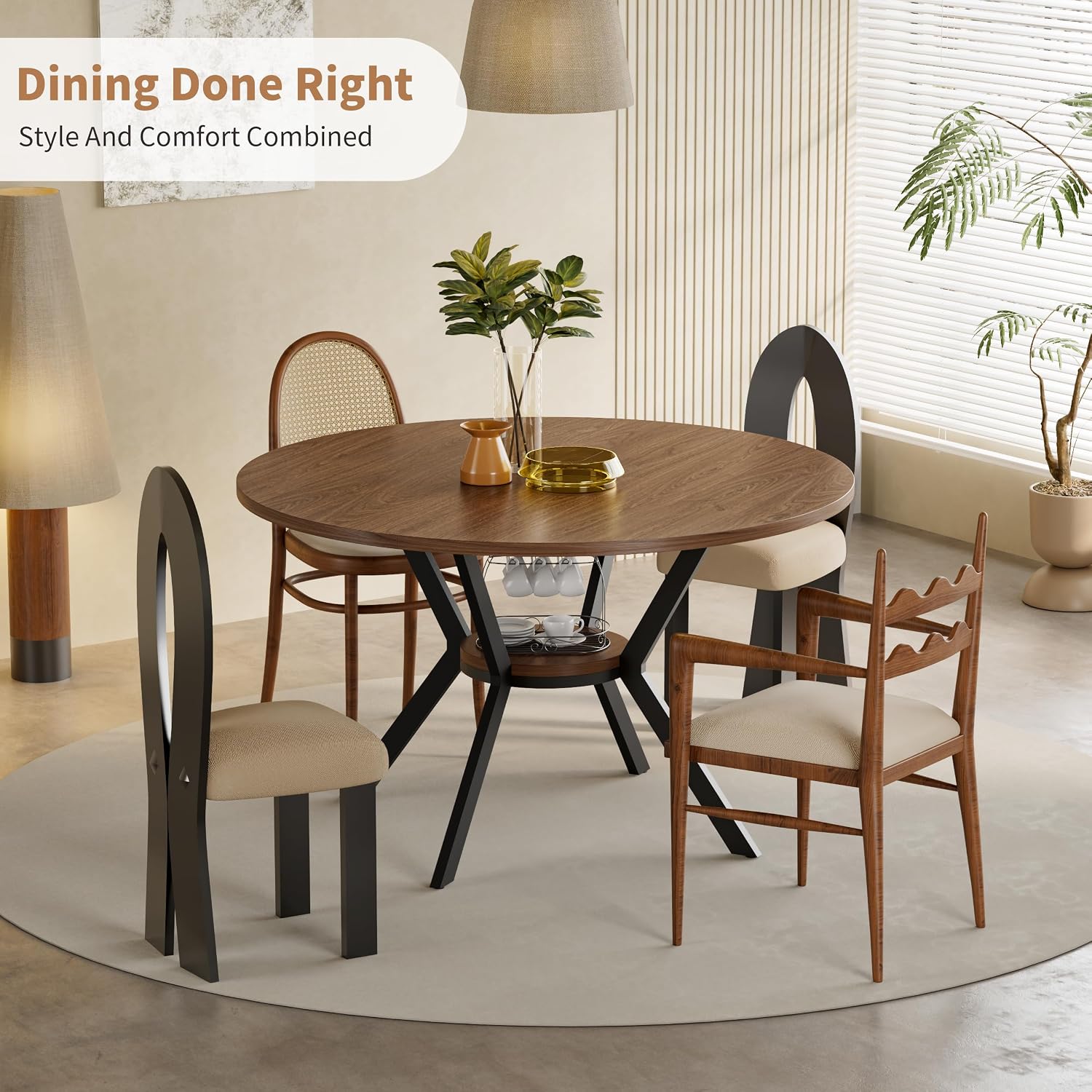 42" Round Dining Table for 4, Farmhouse Kitchen Table with Storage, Space Saving Circle Dinner Table, Rustic Wood Kitchen & Dining Room Tables with Metal Legs for Home, Apartment, Office, Restaurant - Image 3