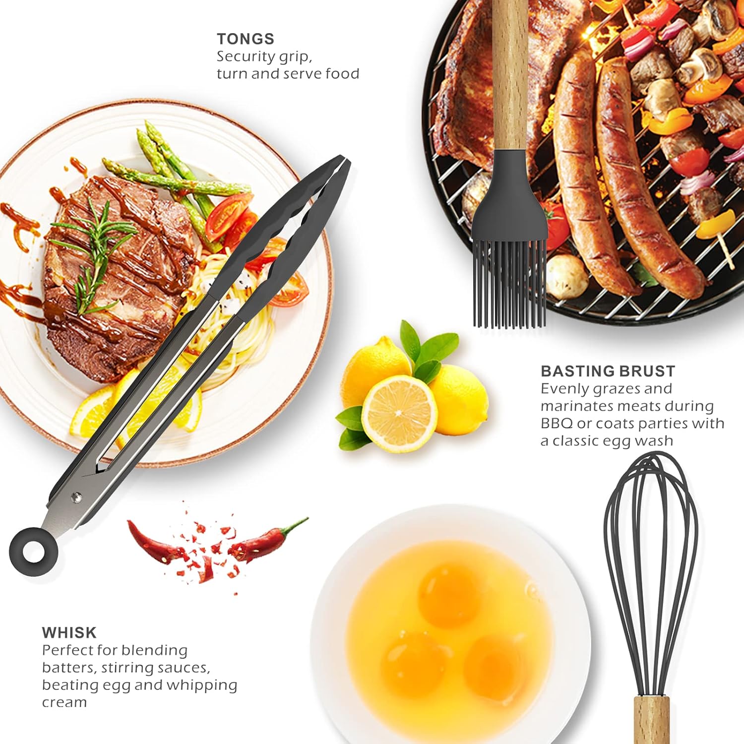 oannao Silicone Cooking Utensils Kitchen Utensil Set - 446°F Heat Resistant Silicone Kitchen Utensils Set, Spatula,Turner Tongs, Spoon, Whisk,Kitchen Gadgets for Nonstick Cookware, BPA Free (Gray) - Image 4