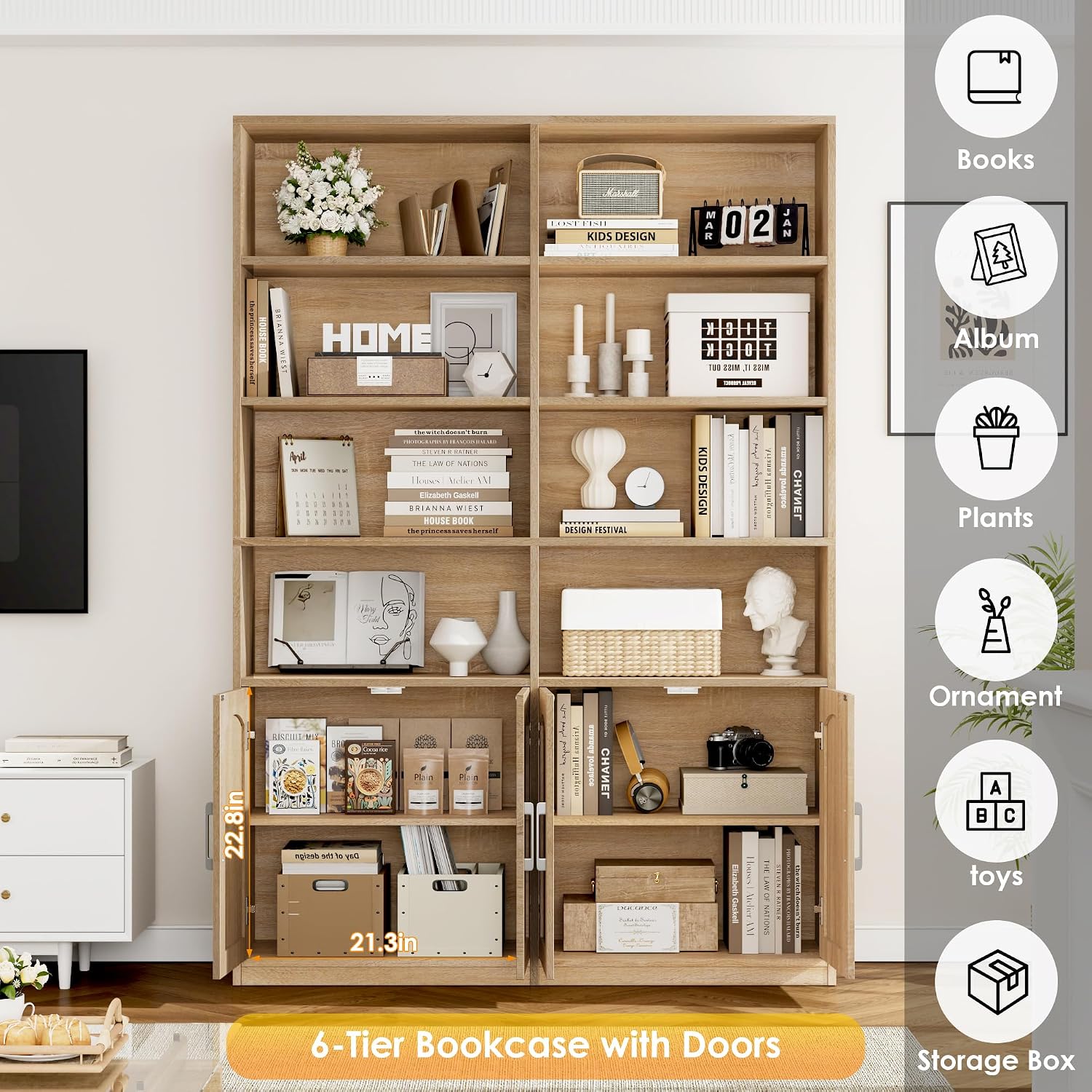 Bookshelf and Bookcase with Doors, Double Wide Large Bookshelves | Industrial Open Display Shelves 6 Tier, 73'' Tall Bookshelf with Storage Cabinets for Office, Home, Living Room,Light Oak - Image 5