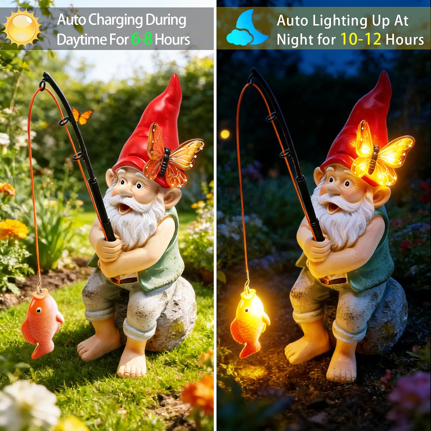 Solar Garden Gnome Statues, Outdoor Fishing Gnome with Butterfly Solar Lights Waterproof, Birthday Gifts for Mom Women Mother's Day, Garden Figurines for Yard Decor Patio Porch Lawn Ornaments - Image 3