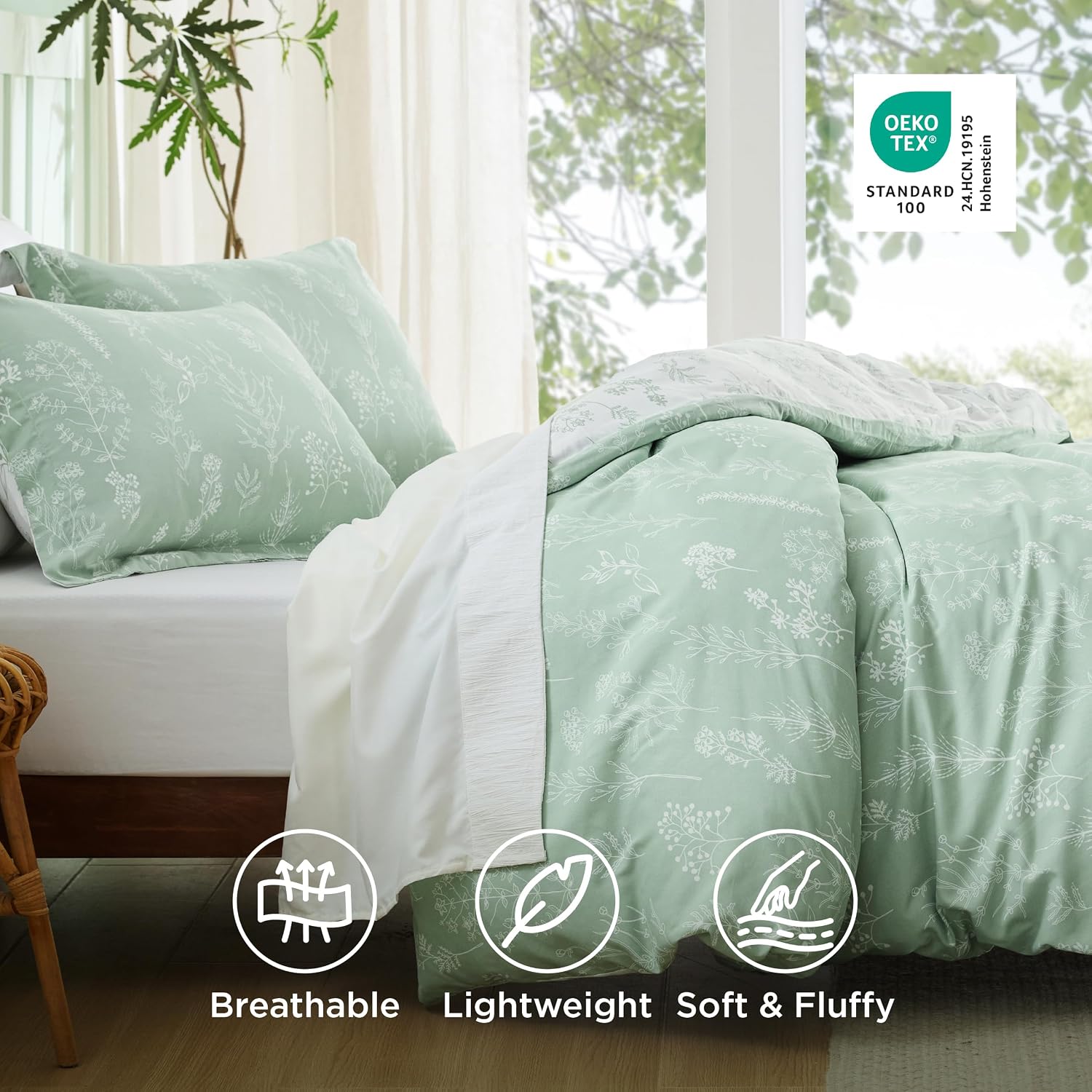 Bedsure Queen Comforter Set - Sage Green Bed Set, 3 Pieces Lightweight Summer Cute Floral Bedding, 1 Soft Reversible Botanical Flowers Comforter and 2 Pillow Shams - Image 4