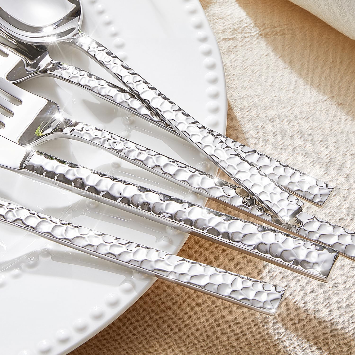 20 Piece Hammered Silverware Set, 18/10 Stainless Steel Flatware Set for 4 | KINGSTONE Mirror Polished Knives Forks Spoons Utensils, Cutlery Set for Home, Party, Wedding, Housewarming, Dishwasher Safe - Image 3