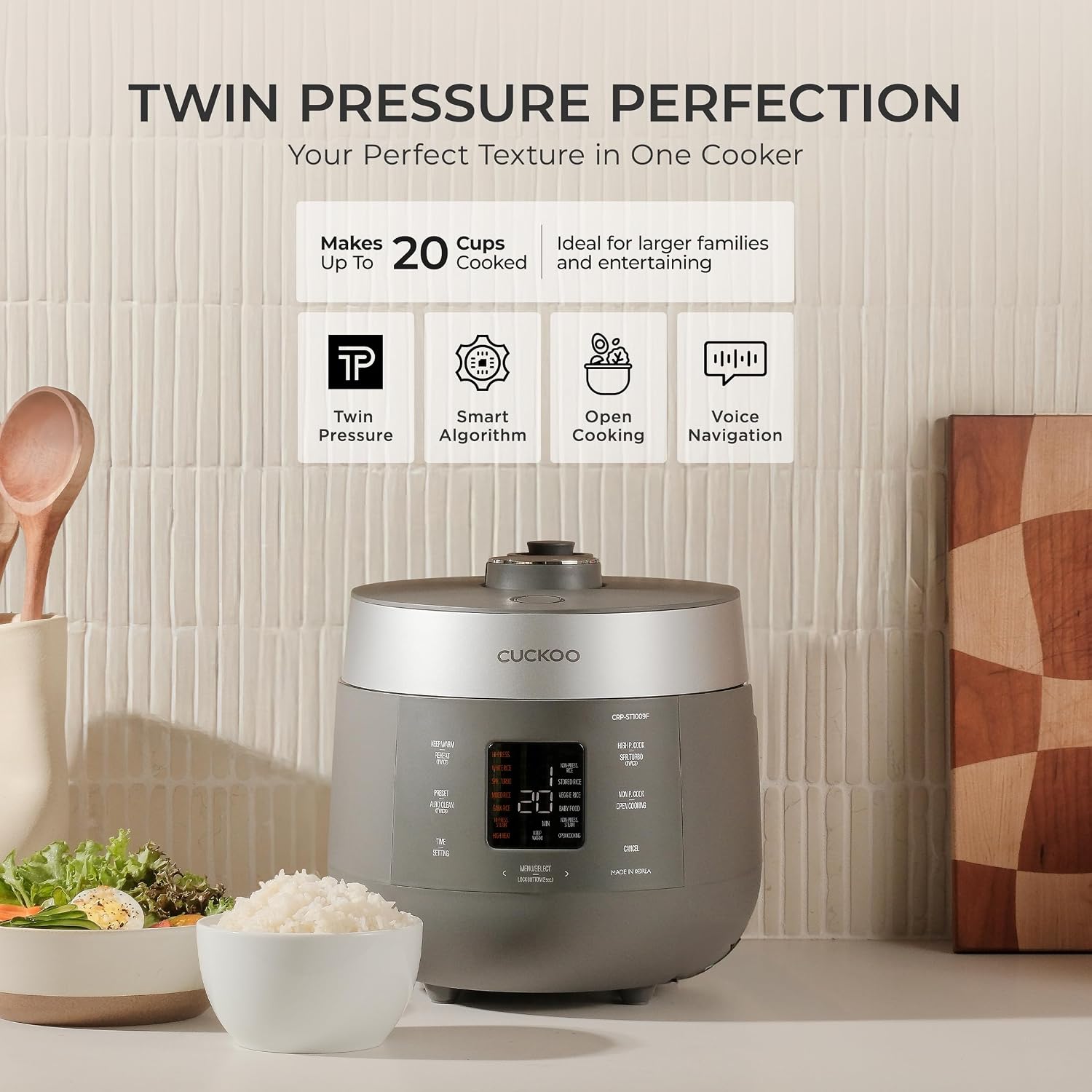 CUCKOO Twin Pressure Rice Cooker, 20-Cup Cooked, Gray, CRP-ST1009FG | Large 10-Cup Uncooked Capacity, Nonstick Inner Pot, 15 Menus, 15-21 Minute Super Turbo Rice, Auto Clean, Made in Korea - Image 2