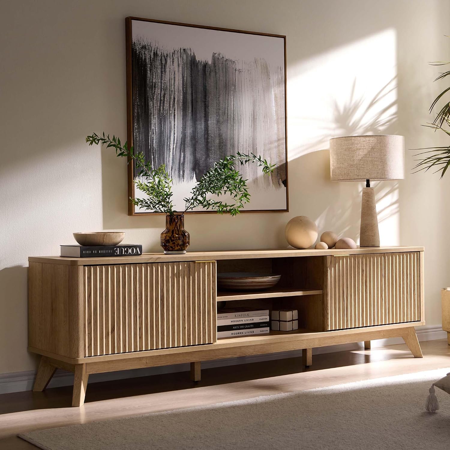 OKD 70" Mid Century Modern Fluted TV Stand w/ 2 Soft Close Door,Natural Oak | Entertainment Center, Sideboard, Media console for Living Room with Adjustable Shelves - Image 6