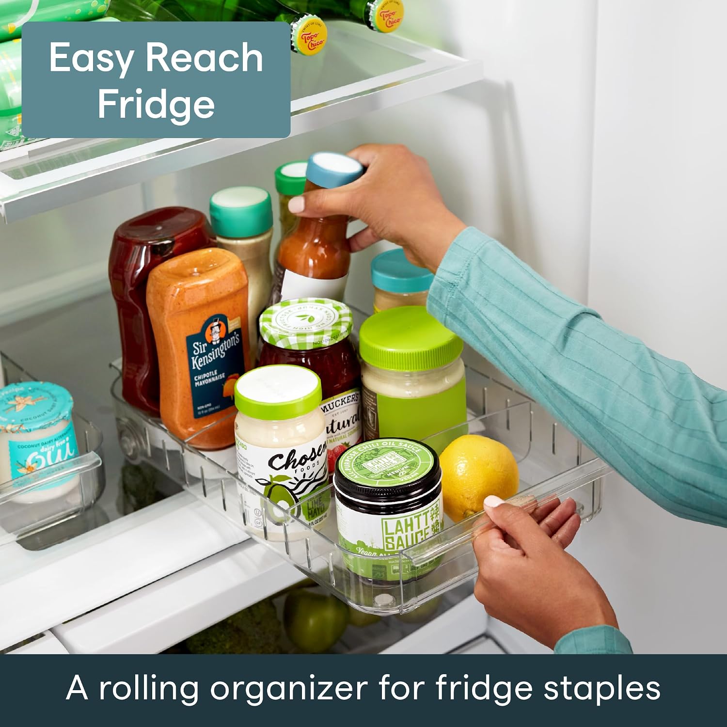 YouCopia RollOut Fridge Caddy BPA-Free Clear Rolling Refrigerator Organizer Bin with Adjustable Dividers and Handles, 9" Wide - Image 2