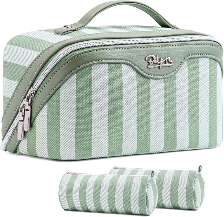 BOYATU Travel Makeup Bag for Women: 3 Pcs Set Striped Make up Bag,Green | Vegan Leather Cosmetic Bags with Compartments - Waterproof Large Capacity Toiletry Bags - 180° Open-Flat Makeup Organizer