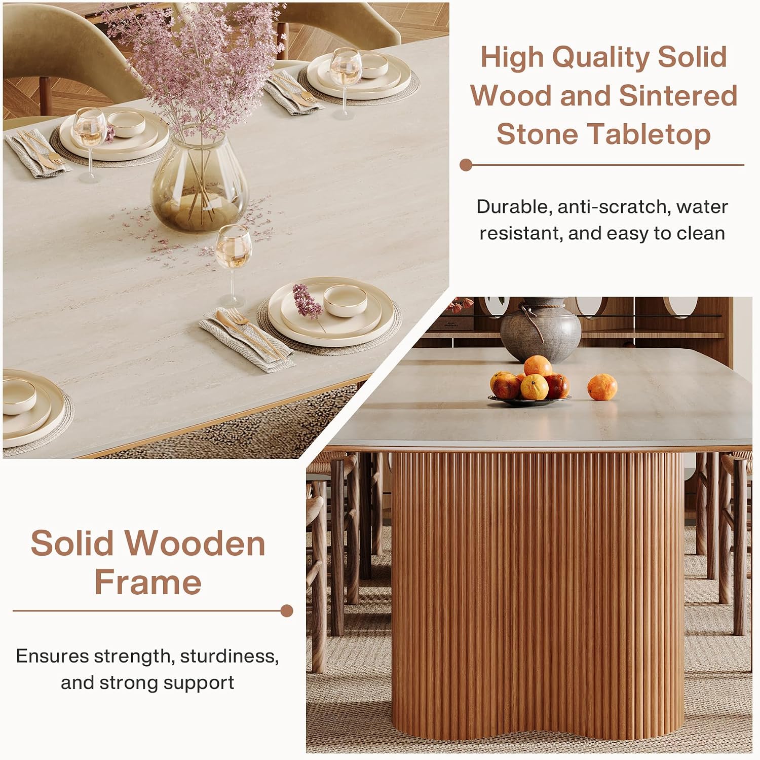 Tribesigns 78.7" Sintered Stone Dining Table for 8-10,Luxury Rectangular Kitchen Table with Solid Wood Legs, Mid-Century Dining Room Table for Living Room - Image 8