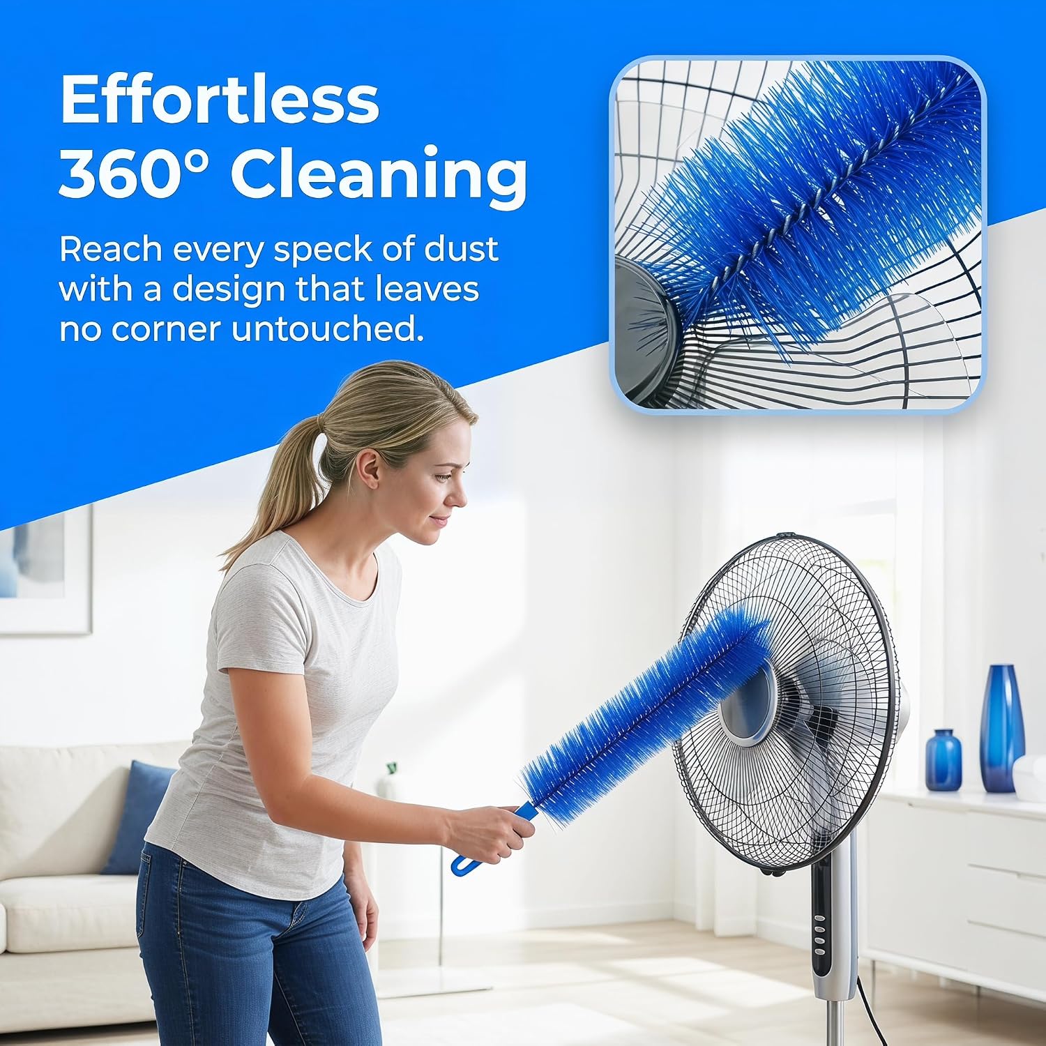 Bendable Microfiber Head, 2026 New Fan Cleaner Brush Reusable Dust Remover Washable ldeal for Electric Fans, Air Conditioning, Home, Curtain,Car Vents (Blue 2pcs) - Image 5