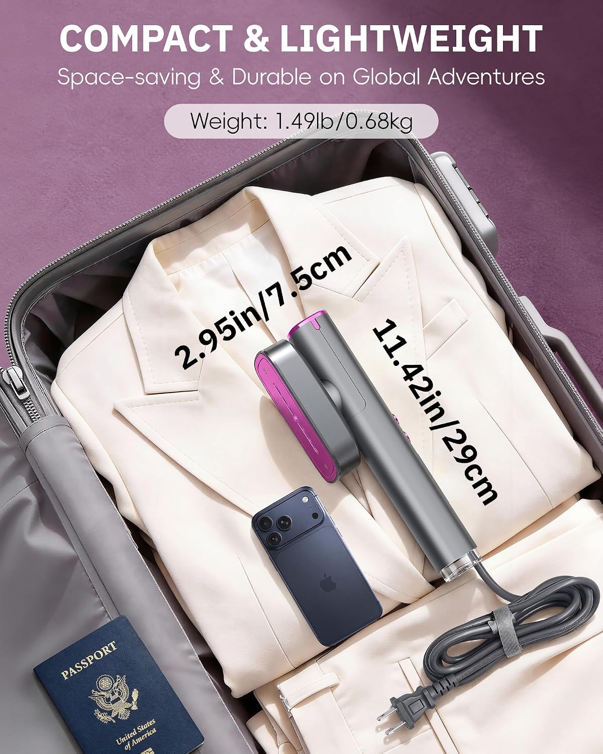 OGHom Steamer for Clothes, 110-240V Travel Steamer & Iron 2 in 1, 1000W Powerful Steam, Portable Handheld Garment Wrinkle Remover, 30s Fast Heat-Up with Dry & 2-Steam Control, for Global & Europe - Image 6