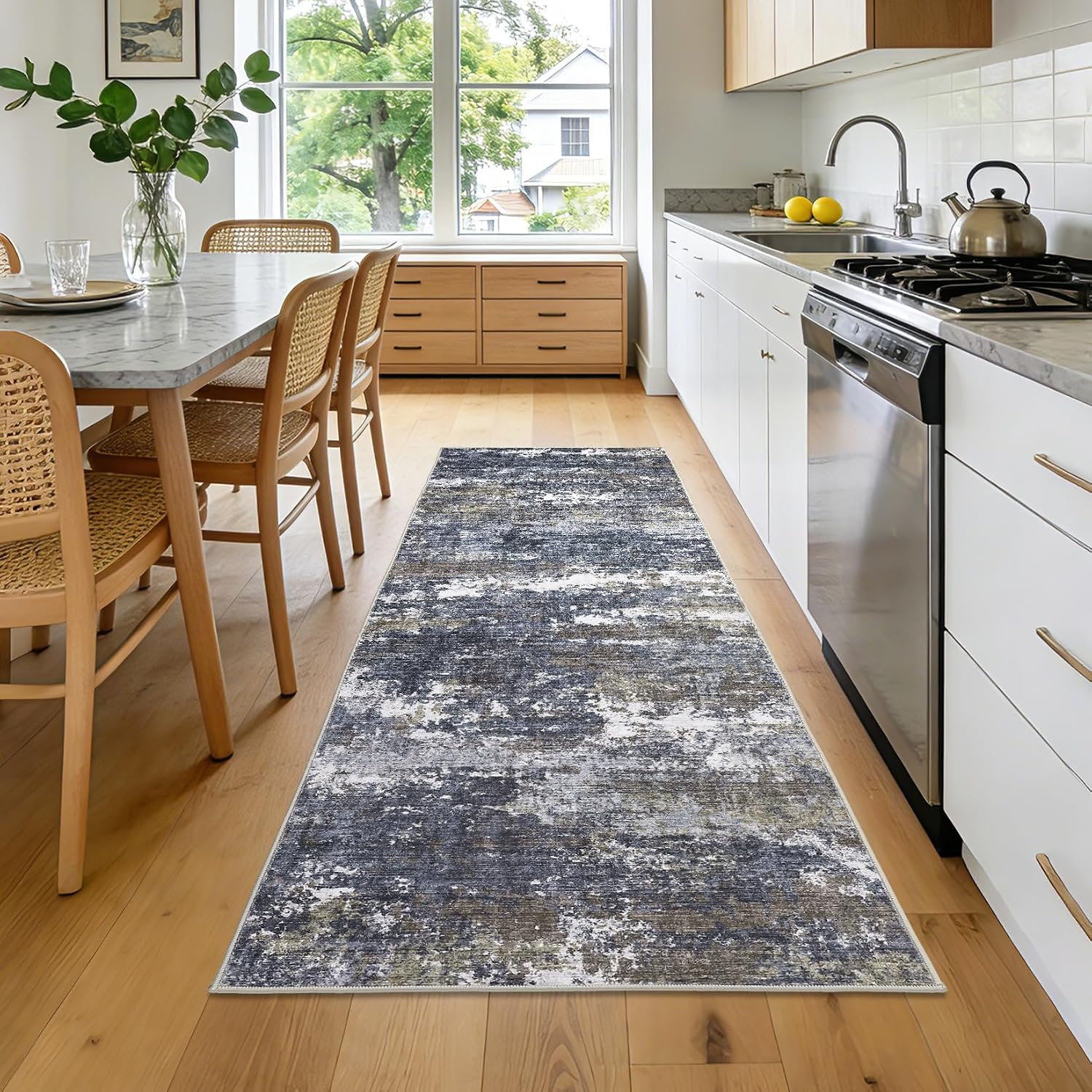 GarveeHome 2x8 Runner Rugs Machine Stain Resistant Abstract Rug Grey Brown | Washable Non-Slip Backing Soft Indoor Runner Carpet for Hallway Bedroom