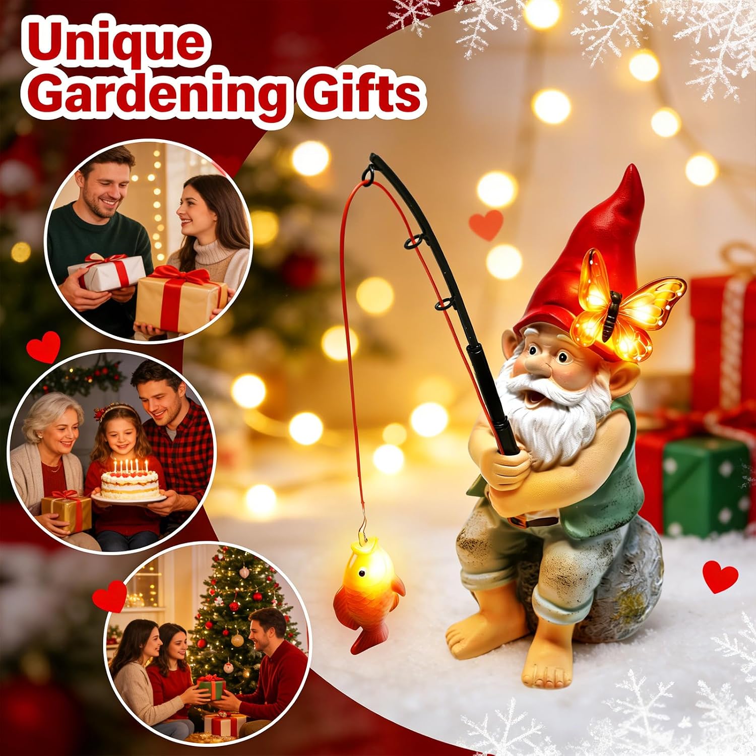 Solar Garden Gnome Statues, Outdoor Fishing Gnome with Butterfly Solar Lights Waterproof, Birthday Gifts for Mom Women Mother's Day, Garden Figurines for Yard Decor Patio Porch Lawn Ornaments - Image 6