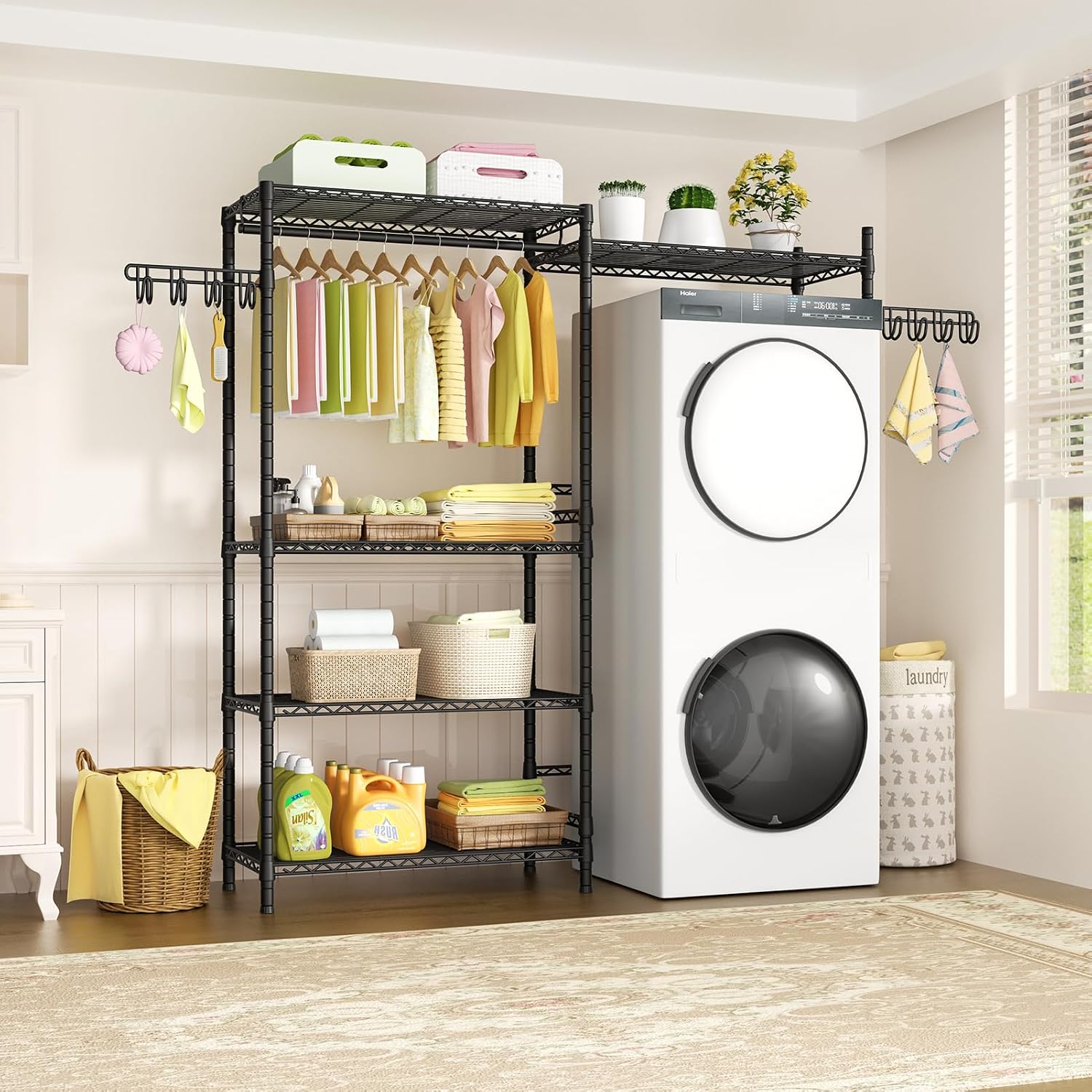 U5 Over the Washer and Dryer Storage Shelf, Laundry Room Space Saver Bathroom Storage and Organizer Rack for Hanging Towels and Drying Clothes with 5 Wire Shelves, 58.2"W x 13.4"D x 77.5"H, Black | Bathroom Storage and Organizer Rack for Hanging Towel and Drying Clothes with 5 Wire Shelves, 58.2"W x 13.4"D x 77.5"H, Black - Image 6