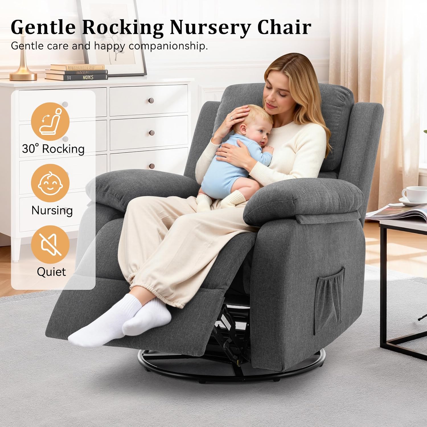 Korser Recliner Chair, 360 Swivel Rocker Chair for Adults, Small Rocking Recliner for Small Spaces, Upholstered Fabric Glider Recliner Nursery - Image 5