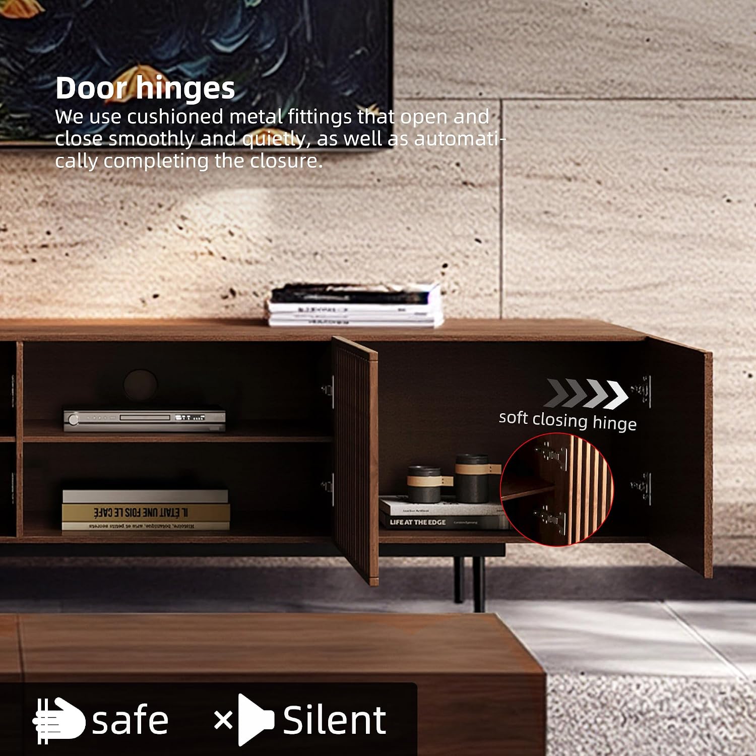 Mid Century Modern TV Stand with 4 Doors, 94.48 Inch Wide Entertainment Center TV Console for Living Room Bedroom, Media Console TV Cabinet with Storage Walnut - Image 8