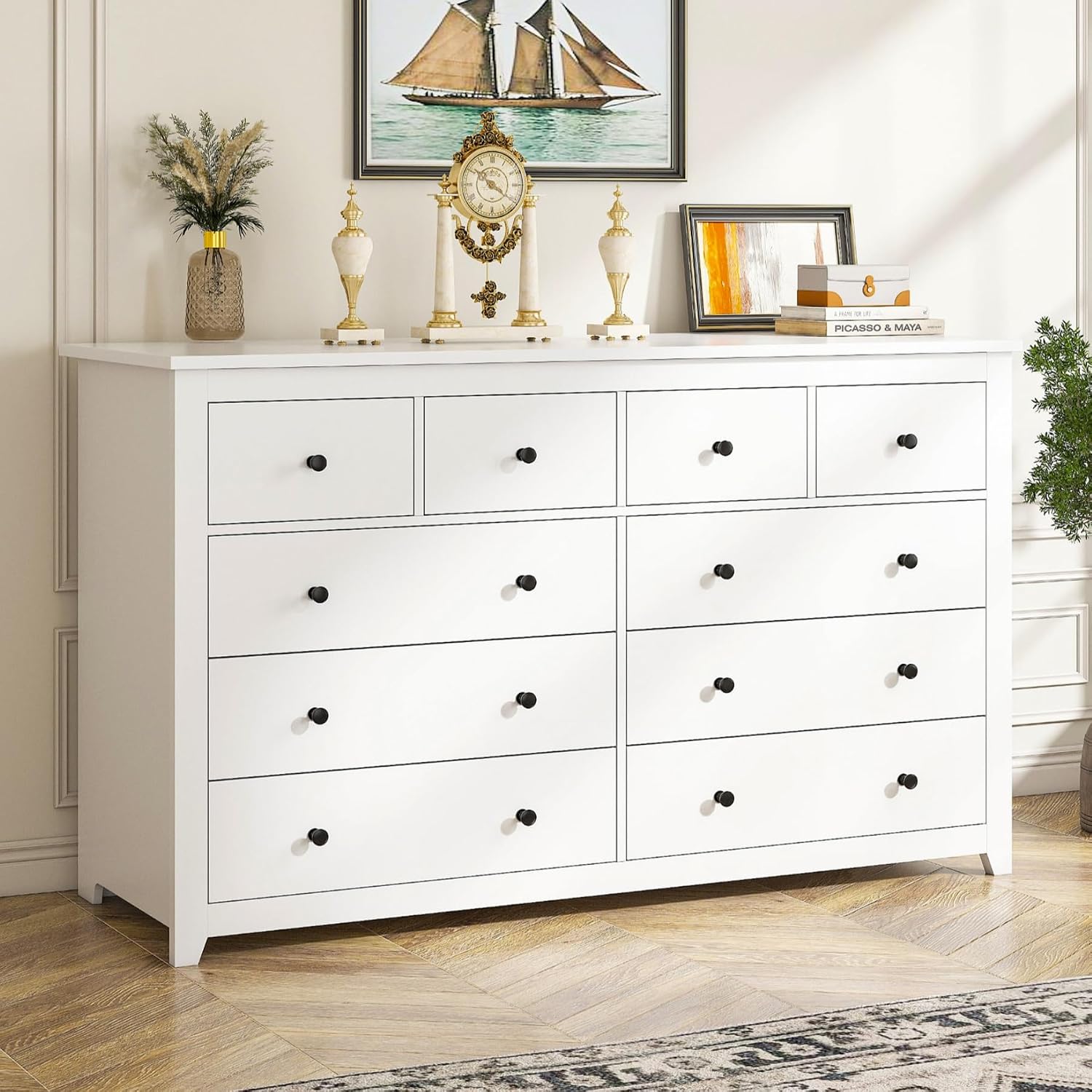 EnHomee White Dresser for Bedroom with 10 Drawer, Multi-Layer Organization | Modern Wood Chest, 52"W TV Stand Versatile for Living Room Entryway Closet, Metal Frame and Handles, Smooth Glides, Anti-Tip
