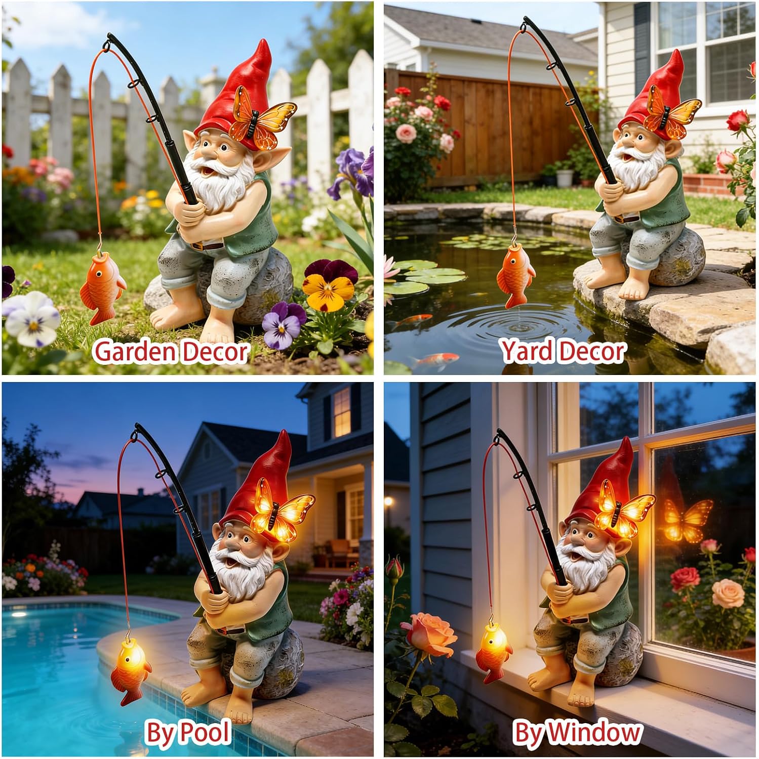 Solar Garden Gnome Statues, Outdoor Fishing Gnome with Butterfly Solar Lights Waterproof, Birthday Gifts for Mom Women Mother's Day, Garden Figurines for Yard Decor Patio Porch Lawn Ornaments - Image 5