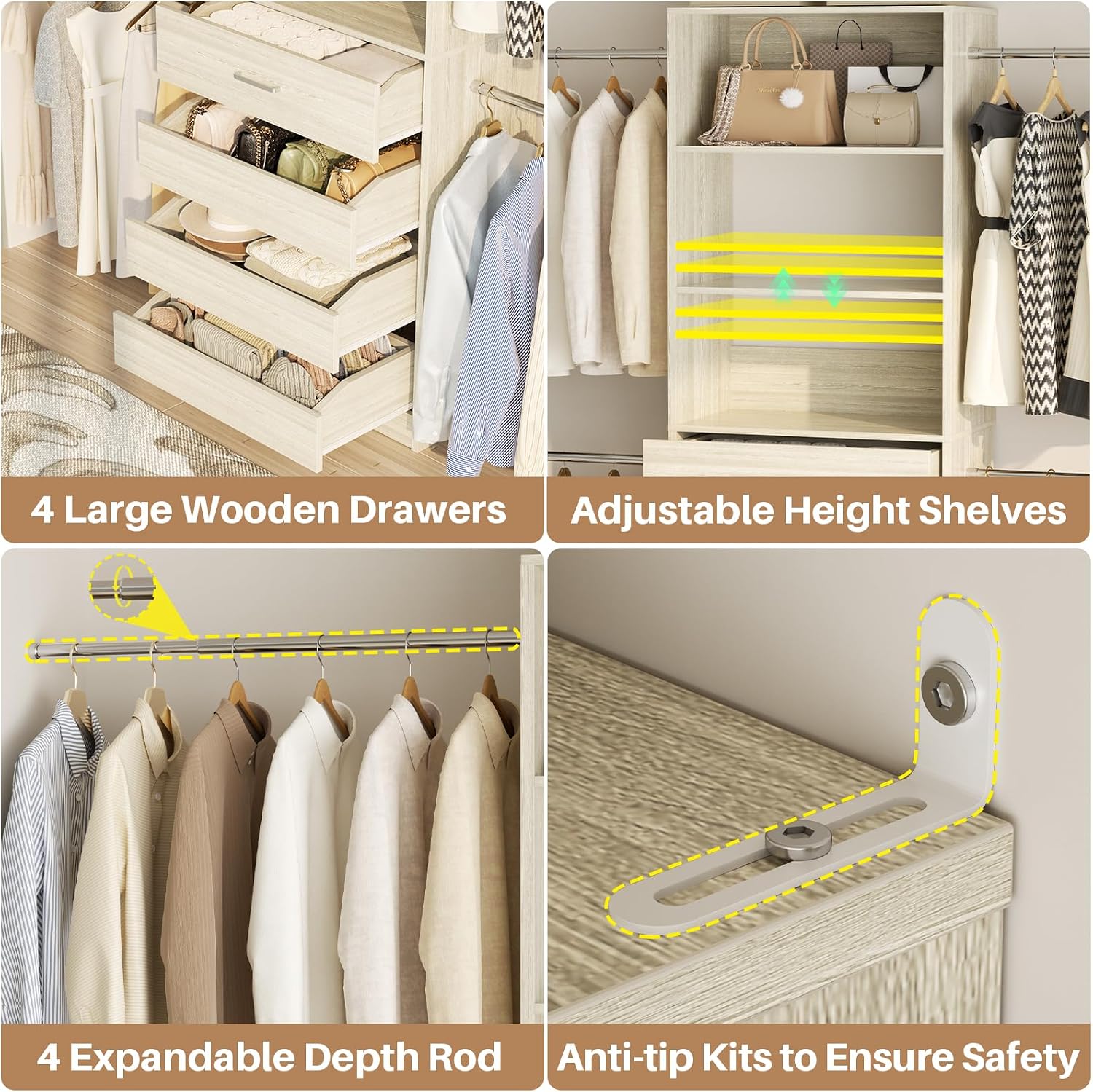 Aheaplus Closet System, 4-9Ft Closet Organizer with 4 Wooden Drawers, Wood Closet Organizer System with Tower, Walk-in Closet Organizer Wardrobe Garment Clothes Rack with 4 Hanging Rods, 2White Oak - Image 3