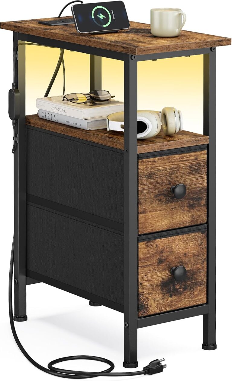 SONGMICS Side Table with LED Light, Narrow End Table with 2 Drawers, Nightstand with Charging Station, Bedside Tables for Small Space, Living Room, Bedroom, Rustic Brown, BELLAH Collection ULGS002K101