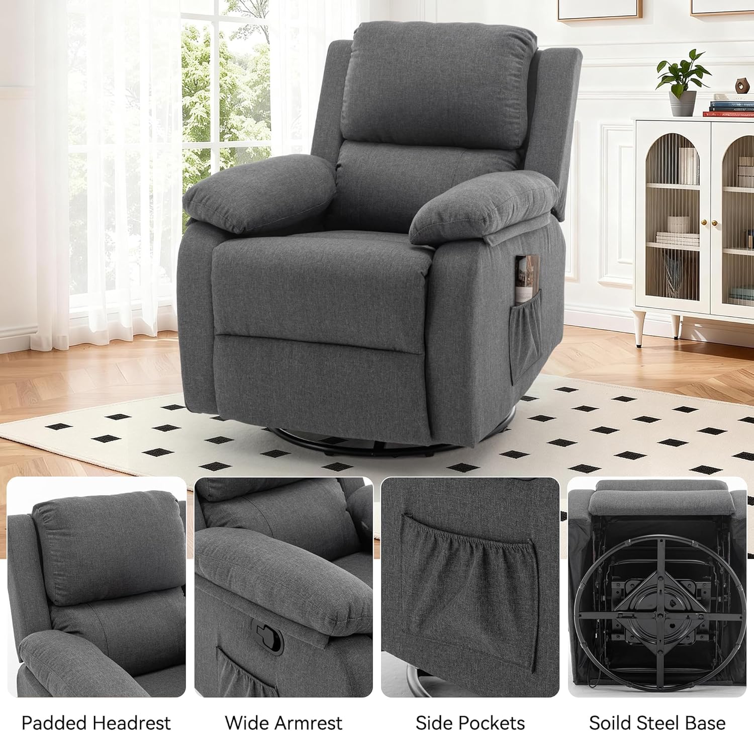 Korser Recliner Chair, 360 Swivel Rocker Chair for Adults, Small Rocking Recliner for Small Spaces, Upholstered Fabric Glider Recliner Nursery - Image 6
