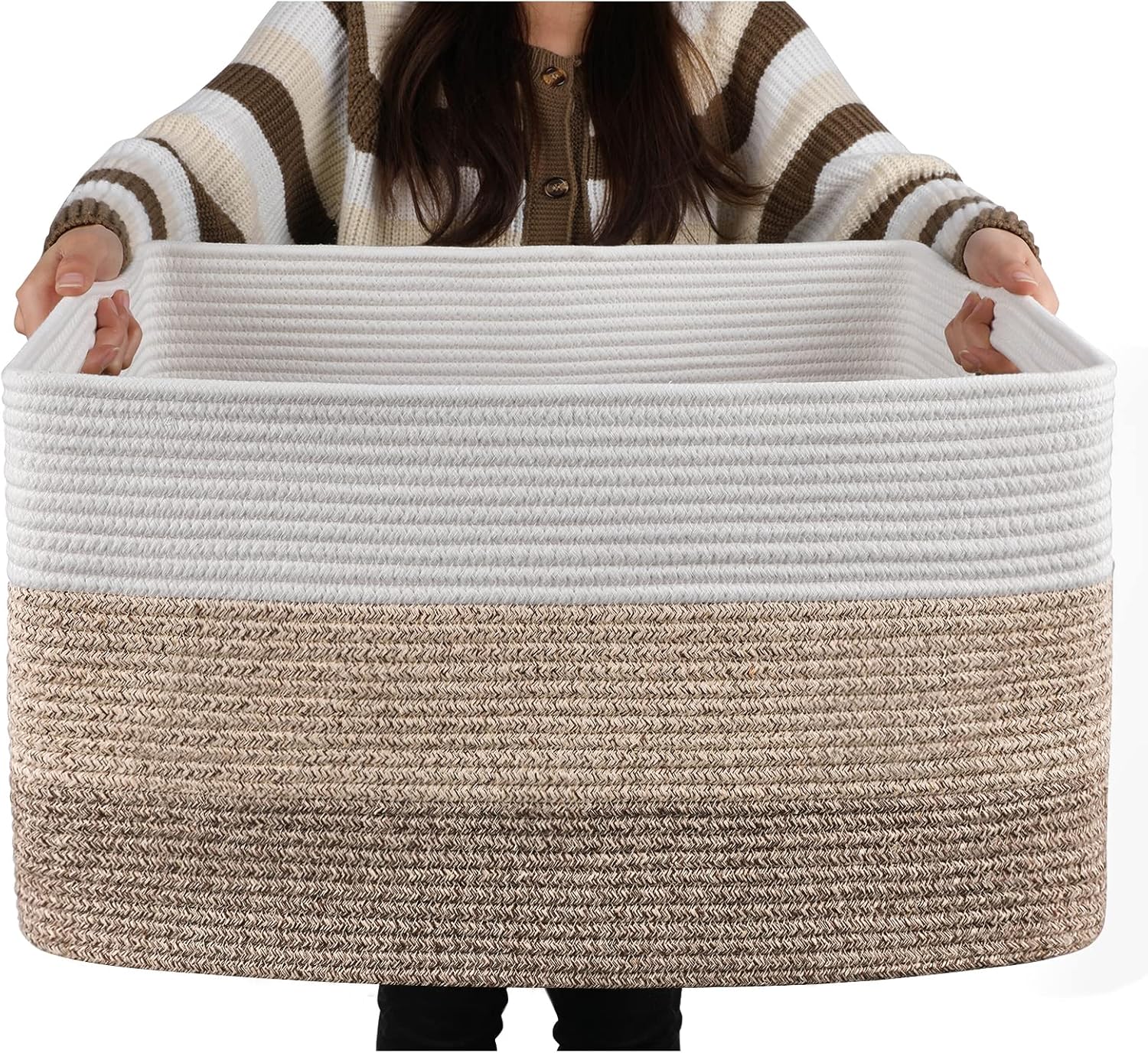 OIAHOMY Large Blanket Basket, 22”x17”x12” Laundry Baskets, Nursery Blanket Storage Living Room, Toy Storage With Handle, Rectangle Woven Baskets-Gradient Yellow