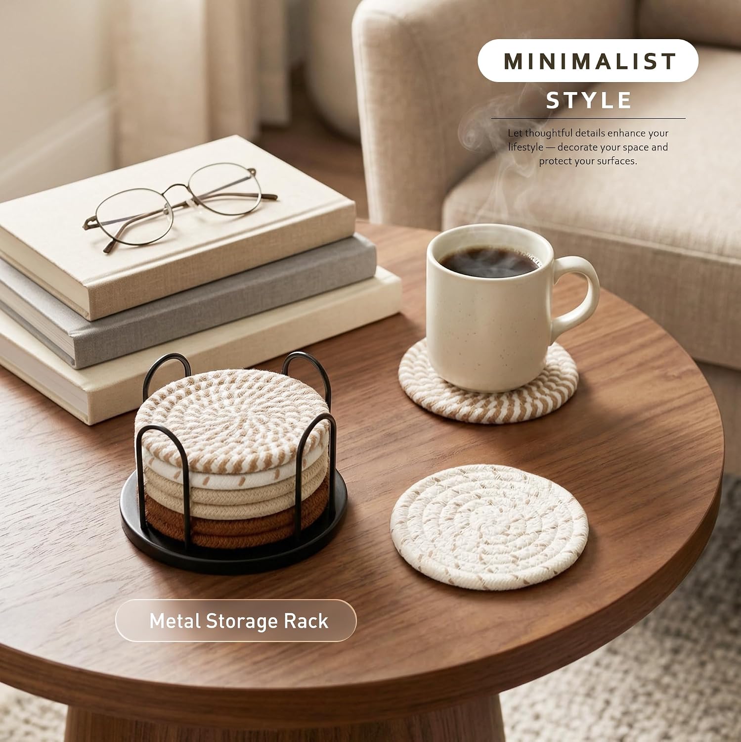 Lazebox Coasters Set of 8 for Drinks, 4 Inch Large Coasters for Coffee Table, Tabletop Protection for Hot & Cold Drinks, Versatile Coasters for Home Decor, Non-Slip & Easy to Clean, Coffee - Image 2
